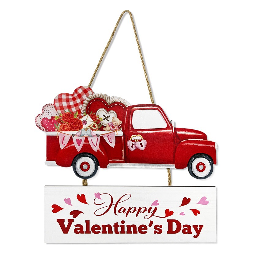 2024 new Valentine's Day wooden hanging pink love red truck door plate pendant wooden wall decoration