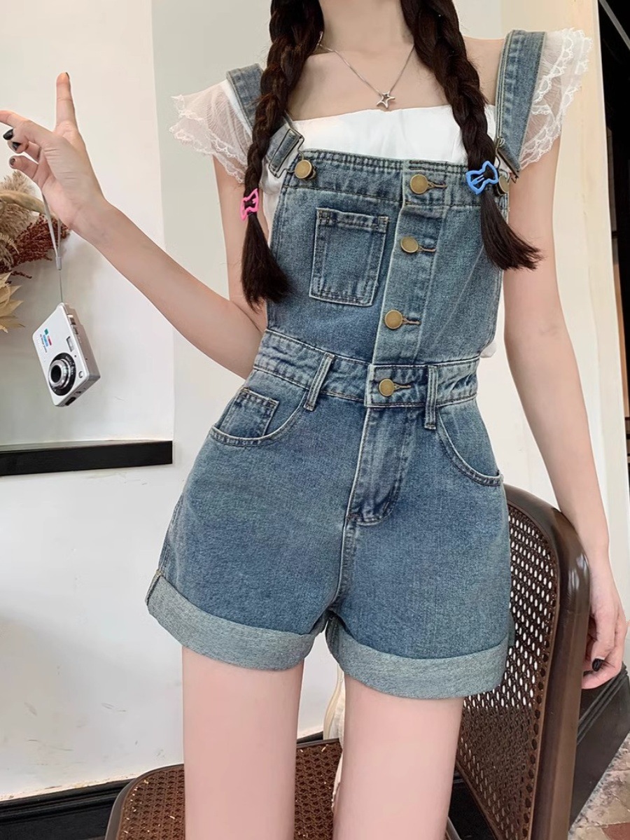 Vintage Curled Denim Overalls Women's Summer Thin High Waist Straight Loose Slim-fit Short Pants