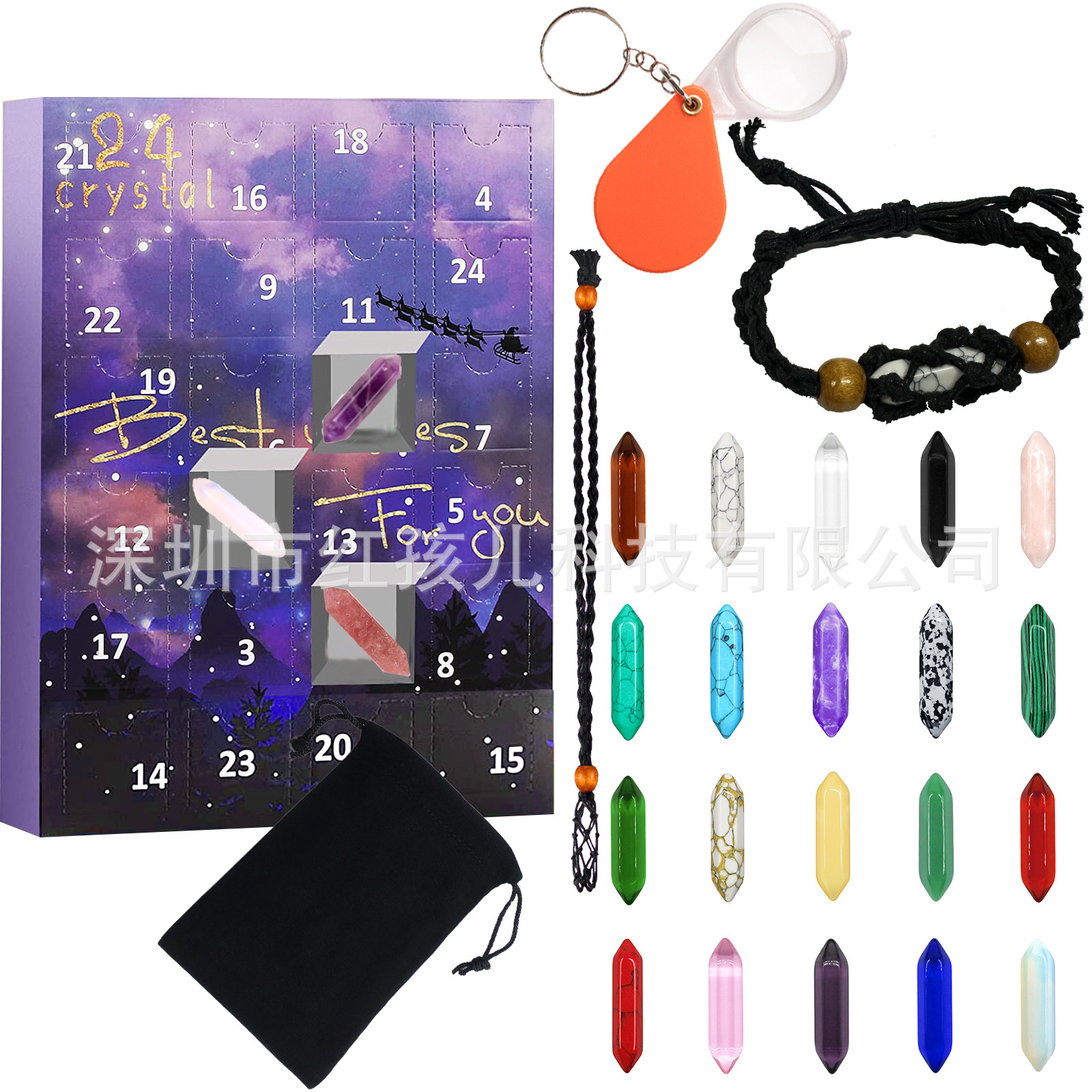 Advent Calendar 2024-25 Day Crystal and Healing Stone Kit with Crystal Necklace, Bracelet Holders,