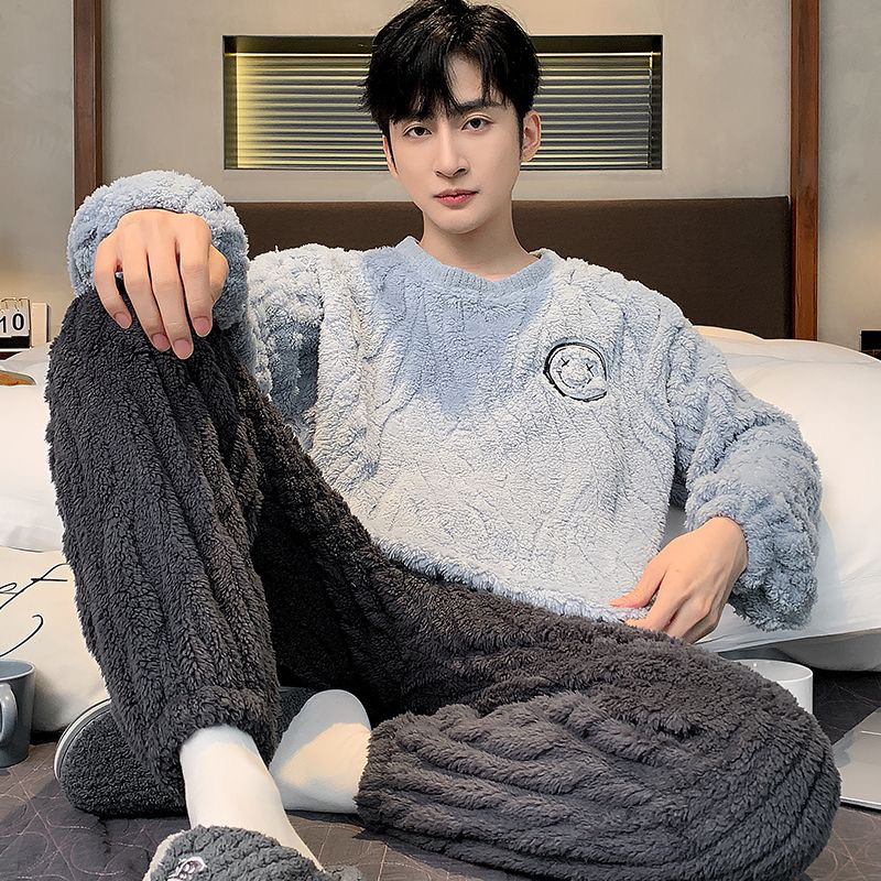Coral Fleece Pajamas Men's Autumn and Winter fleece-lined Thickened Warm suit Flannel Men's Winter Home Clothes
