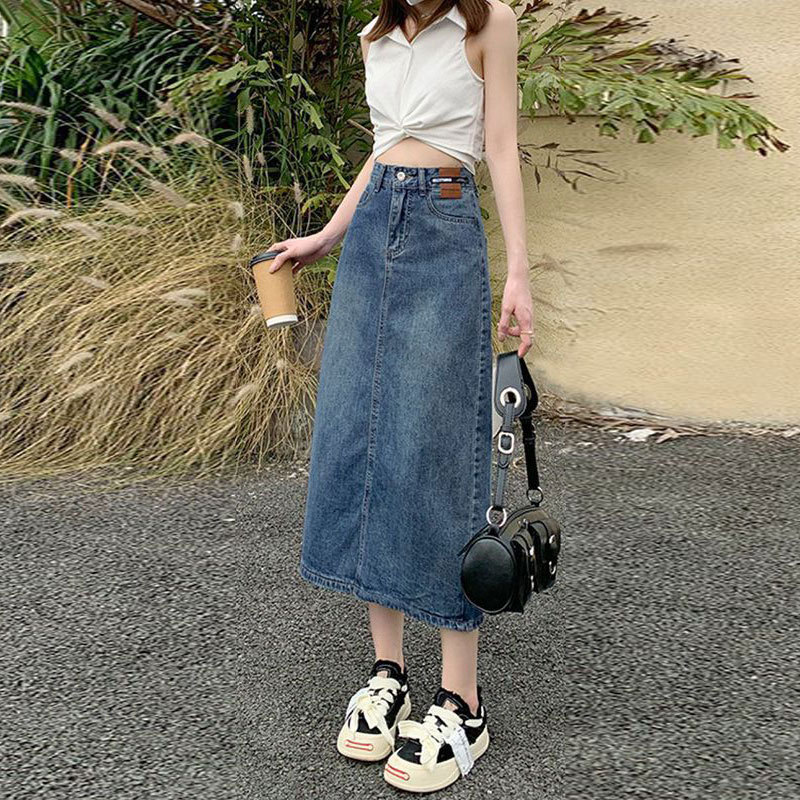 Design Sense Denim Skirt Niche Leather Brand High Waist A- Line Mid-Length Skirt Casual Straight Rear Split Hip Skirt for Women