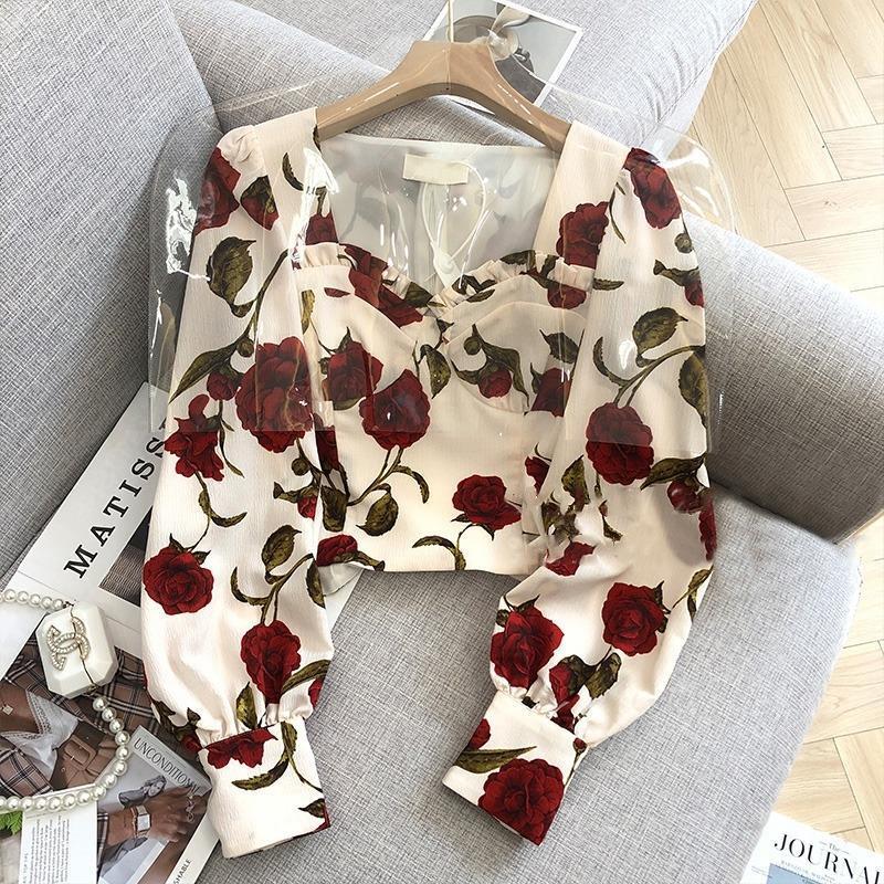 French retro floral long-sleeved shirt for women 2024 Spring and Autumn New rose design sweet and spicy style short top