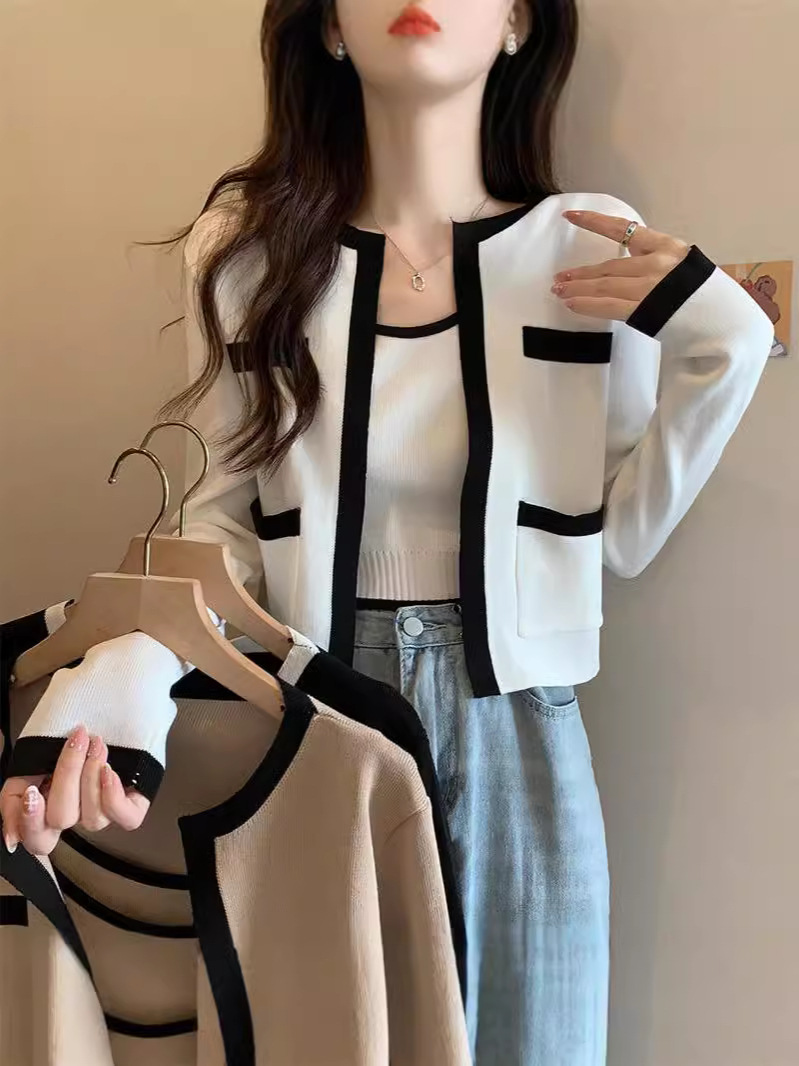 Xiao Xiang Style Contrast Color Knitted Cardigan Two-piece Set Women's 2024 Early Autumn New Color-matching Elegant Knitted Cardigan Two-piece Set
