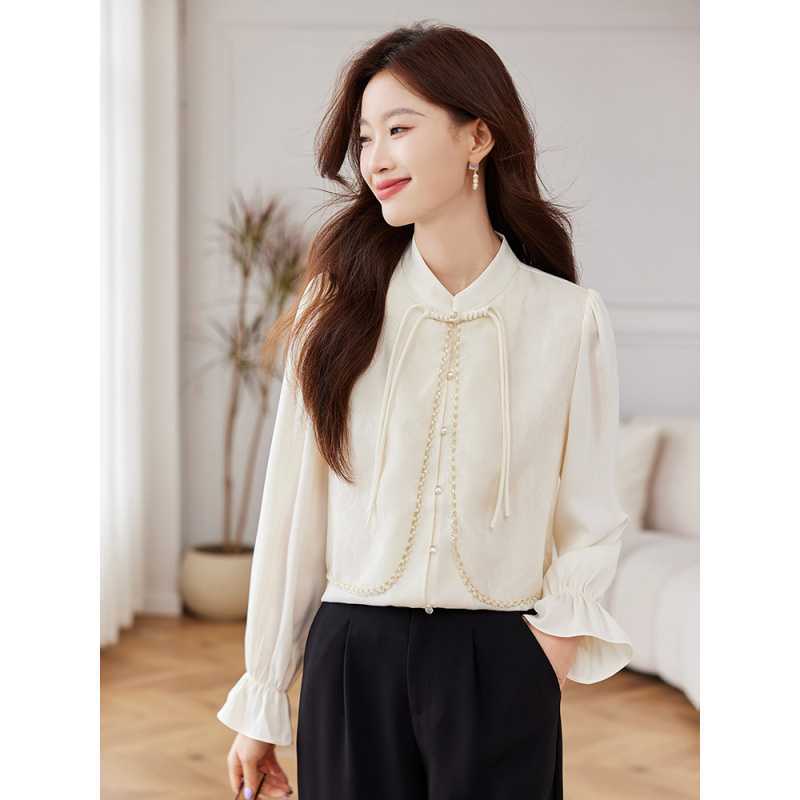 New Chinoiserie Beaded Disc Buckle Tassel Double-Layer Splicing Style Bell Sleeves 2025 Spring and Autum Shirt for Women