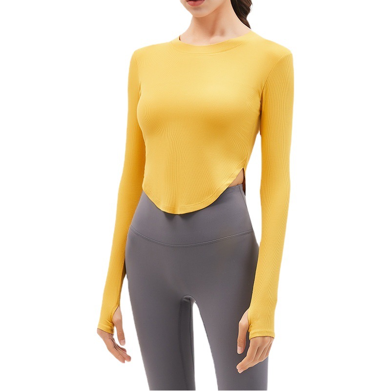 2023 New Ribbed Sports Tops for Women with Chest Pads, Fitness Clothes, Nude Running Long-Sleeved Tight-Fitting Slimming Look Yoga Clothes