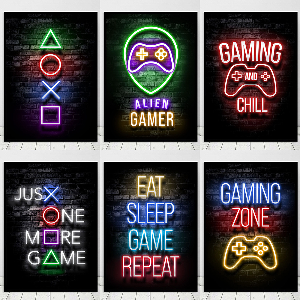 Neon Boy Handle Game Canvas Painting Mural Poster Wall Art Bedroom Living Room Modern Decorative Painting