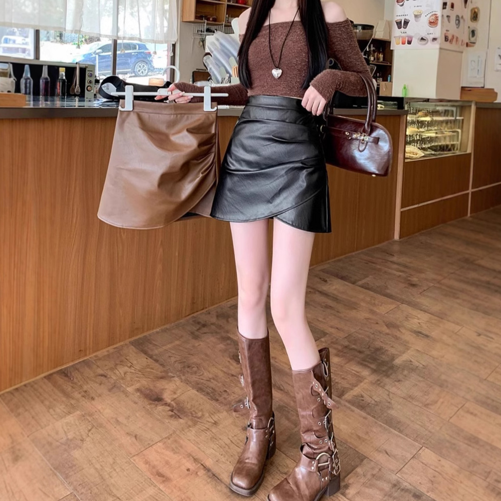 Irregular Leather Skirt Women's 2024 New Autumn and Winter PU Slimming Hip High Waist A- shaped Pleated Elegant Short