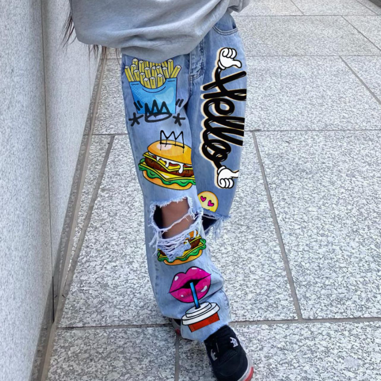 2613 * Amazon Casas Bahia cross-border worn jeans women's hip-hop ins online red style jeans