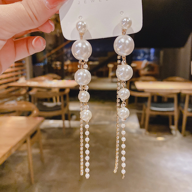 Picture of Dongdaemun s925 Silver Pin Earrings 2024 New Arrival Ear Drop Style Textured Internet Celebrity Ins Tassel Light Luxury Pearl Earrings