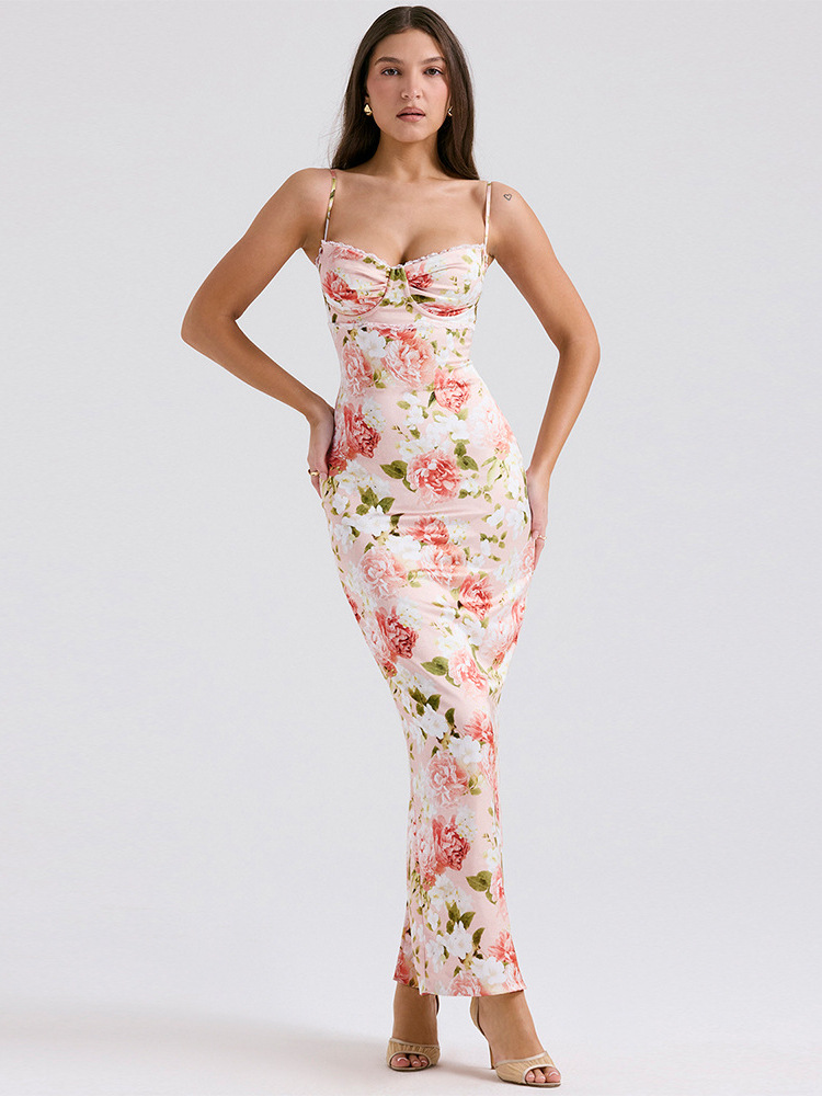 Cross-border New European and American Style Sexy Sling Printed dress Dress High-end Elegant Lace Edge Decorative Dress