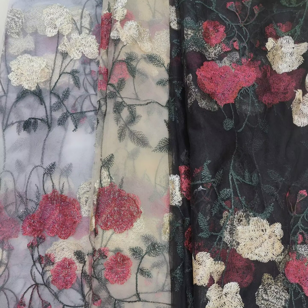 Black and white apricot embroidery fabric, large peony mesh embroidered dress, performance attire, formal wear, mesh embroidered fabric