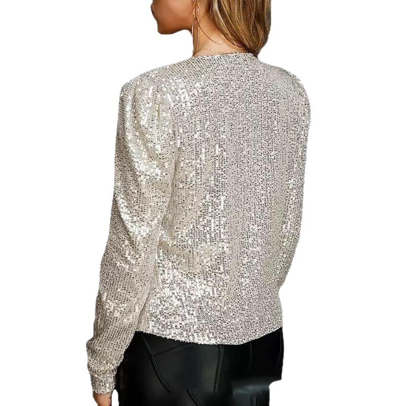 Picture of 2025 Cross-Border Women's Spring European and American Fashion Round Neck Pure Color Sequined Short Outwear Casual Versatile Small Outwear