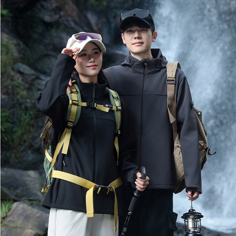 Fleece-Lined Softshell Jacket for Men, Custom Outdoor Hooded Couple's Jacket, Thickened Windproof Jacket, Warm Coat for Women with Printing