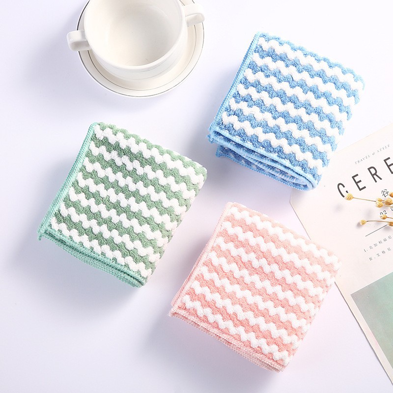 Picture of Factory wholesale cationic coral fleece dish towel kitchen cleaning lazy rag wave pattern non-stick oil scouring pad