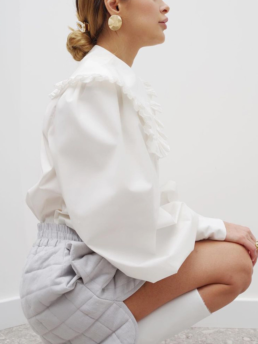 Picture of European and American Fashionable Sweet White Doll Collar Shirt 2024 Design Loose Women's Pure Cotton Cardigan Long-Sleeved Top