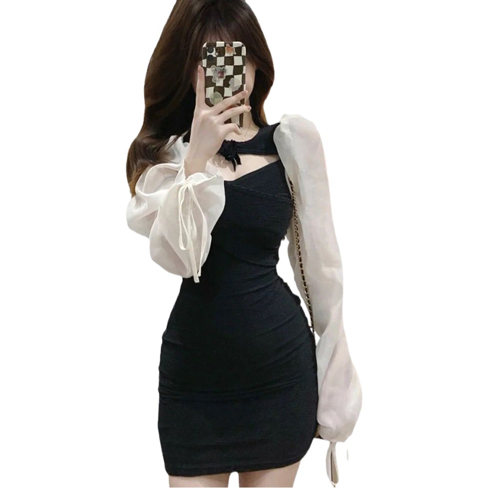 French Style Hepburn Style Hot Girl Autumn Design Chic Hollow Sexy Tight Waist Hip Skirt Black dress Women