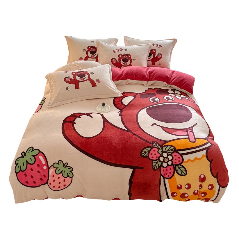 Cartoon strawberry bear milk velvet four-piece set Winter thickened coral velvet bedding flannel quilt cover bed sheet