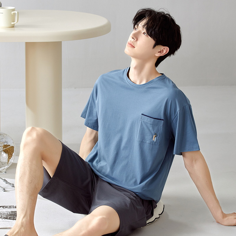 [Border-Border] New Men's Pajamas Summer Short-Sleeved Youth Summer Shorts Round Neck Home Clothes Set