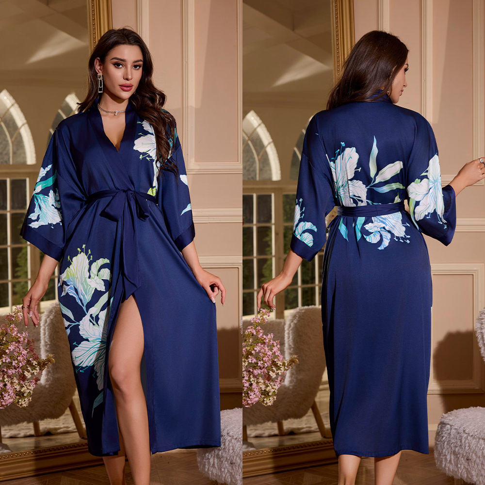 Picture of Yaoting Satin Printed Pajamas for Women Summer Large Size Accessible Luxury Three-Quarter Sleeves Cool Long Nightgown Home Wear Women Wp2669