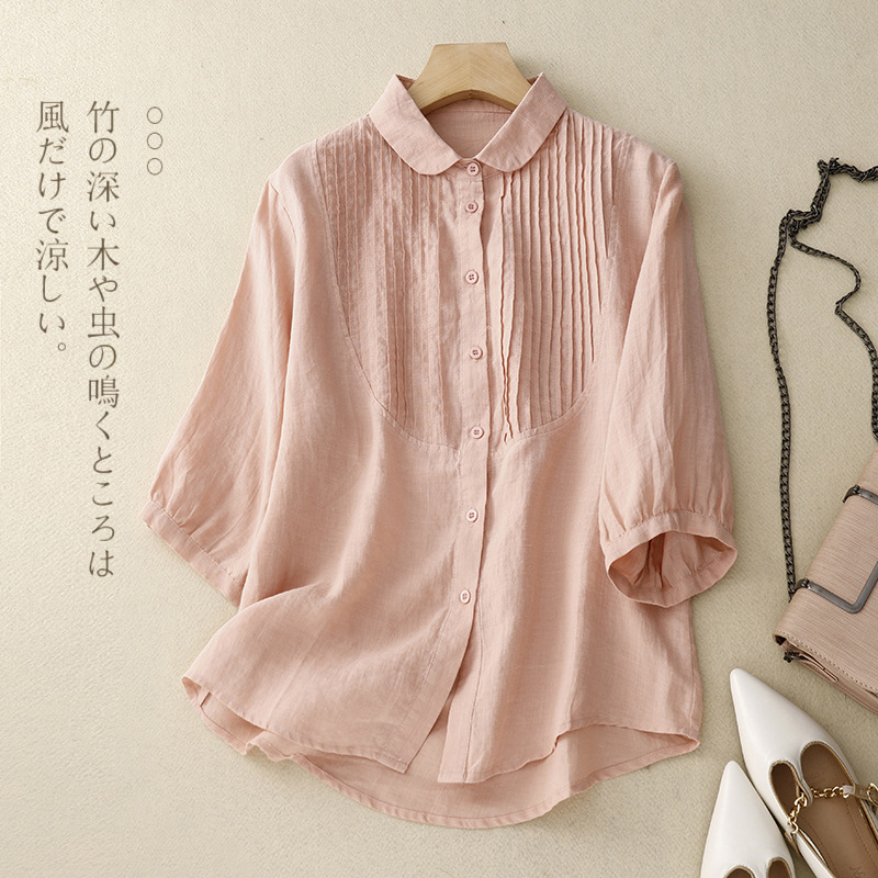 Seven-Sleeve Cotton and Linen Shirt French-Style Piano Pleated Artistic Retro Loose Top 2023 Summer New Solid Color All-Match Shirt