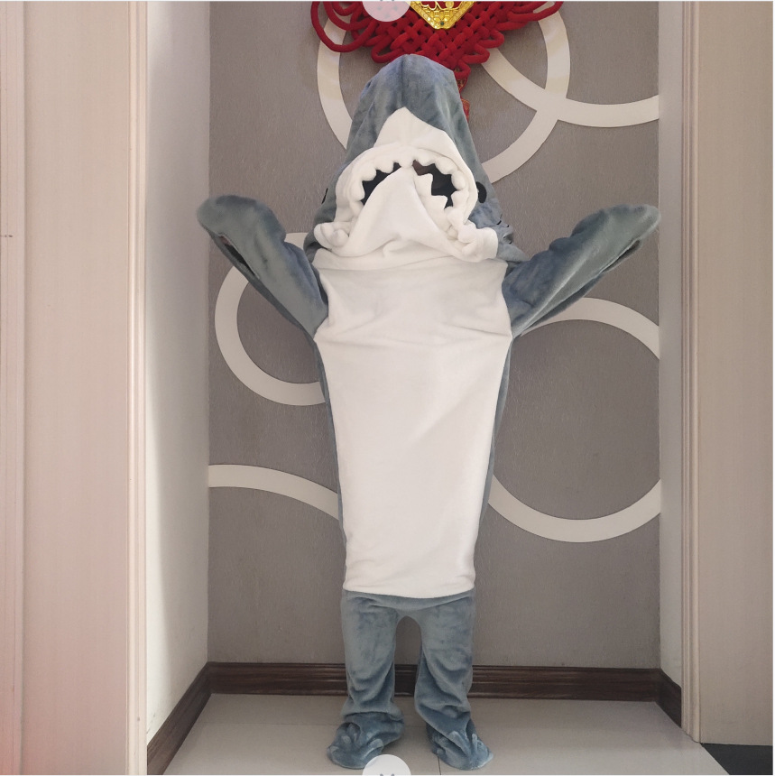 Picture of Flannel Shark Sleeping Bag Home Clothes One-Piece Anti-Kick Sleeping Bag Hoodie Giant Tooth Pajamas Flannel Sleeping Bag Blanket