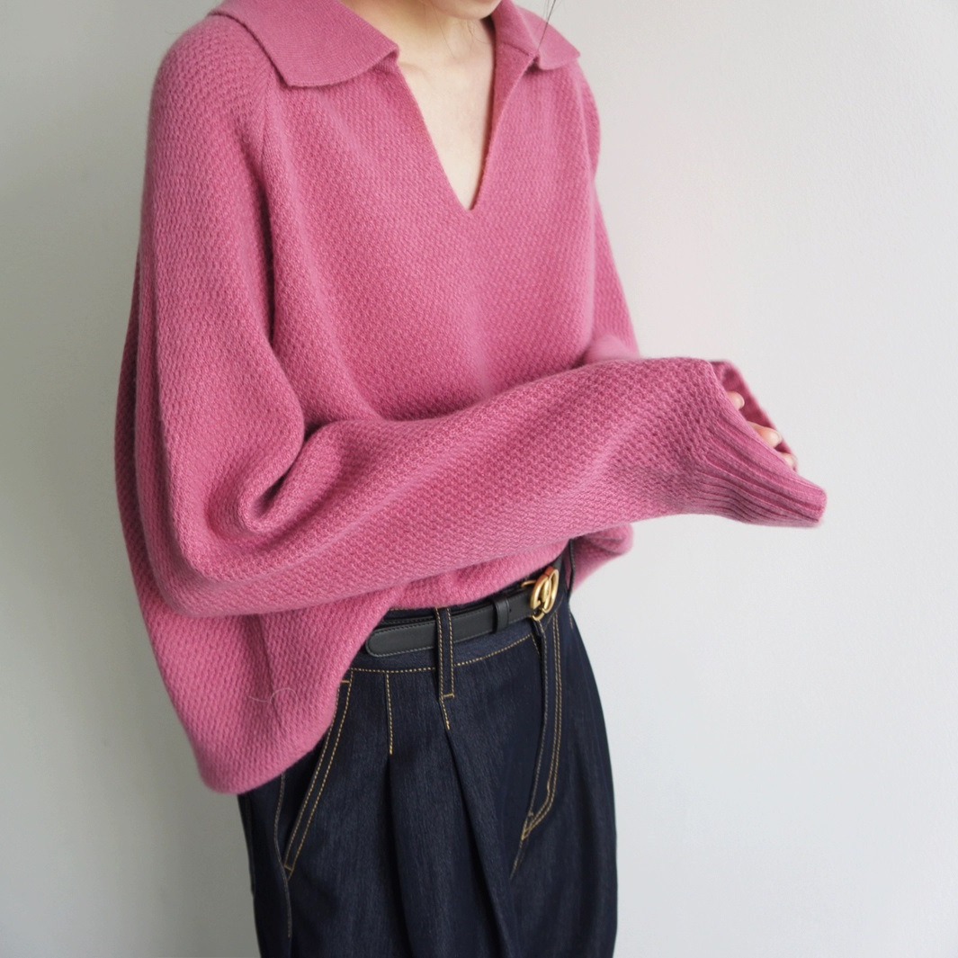 Vintage Dry rose V lapel loose long sleeve sweater 100% merino wool gentle waffle pattern