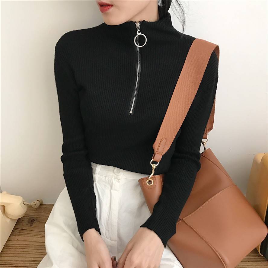 Knitted Base Shirt Women's Soft Girl Half-High Collar Ring Zipper Short Tight Slim-Fit Sweater Thick Autumn and Winter Student Long Sleeve