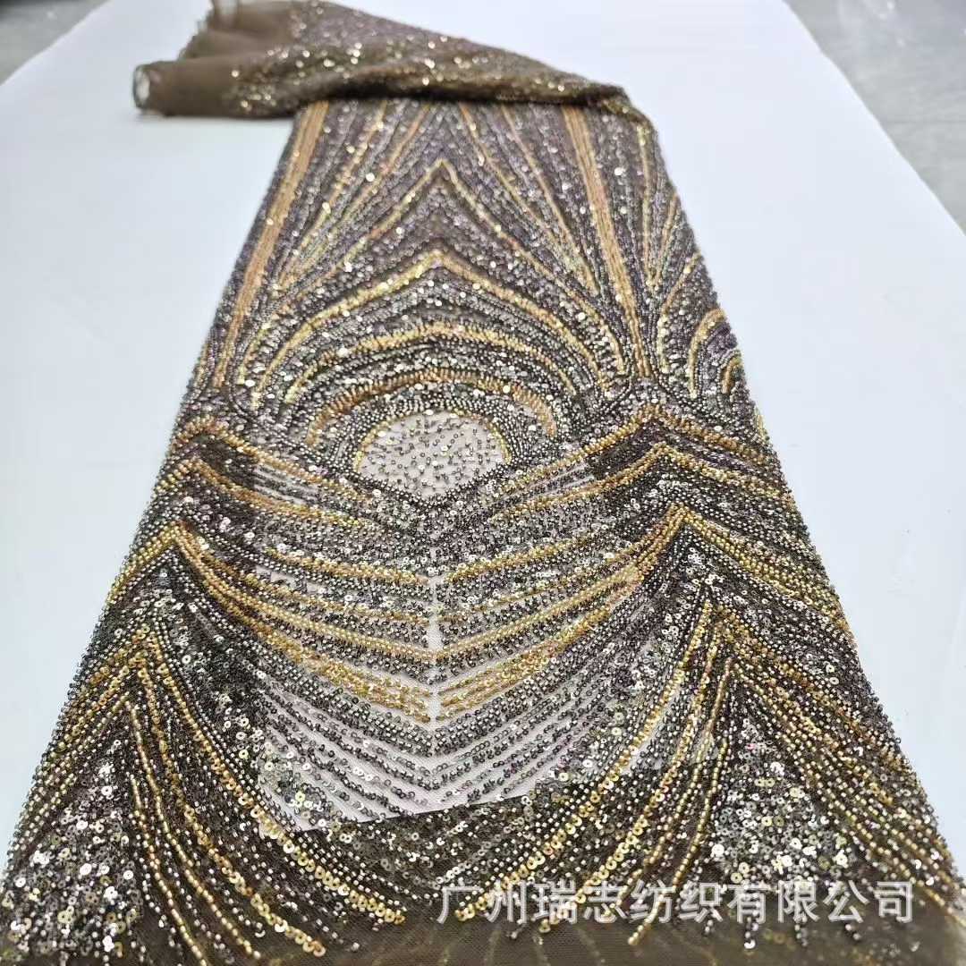 European and American Fashion Bead Tube Mesh Fabric African Bride Wedding Dress Lace Elegant Cheongsam Embroidered Fabric