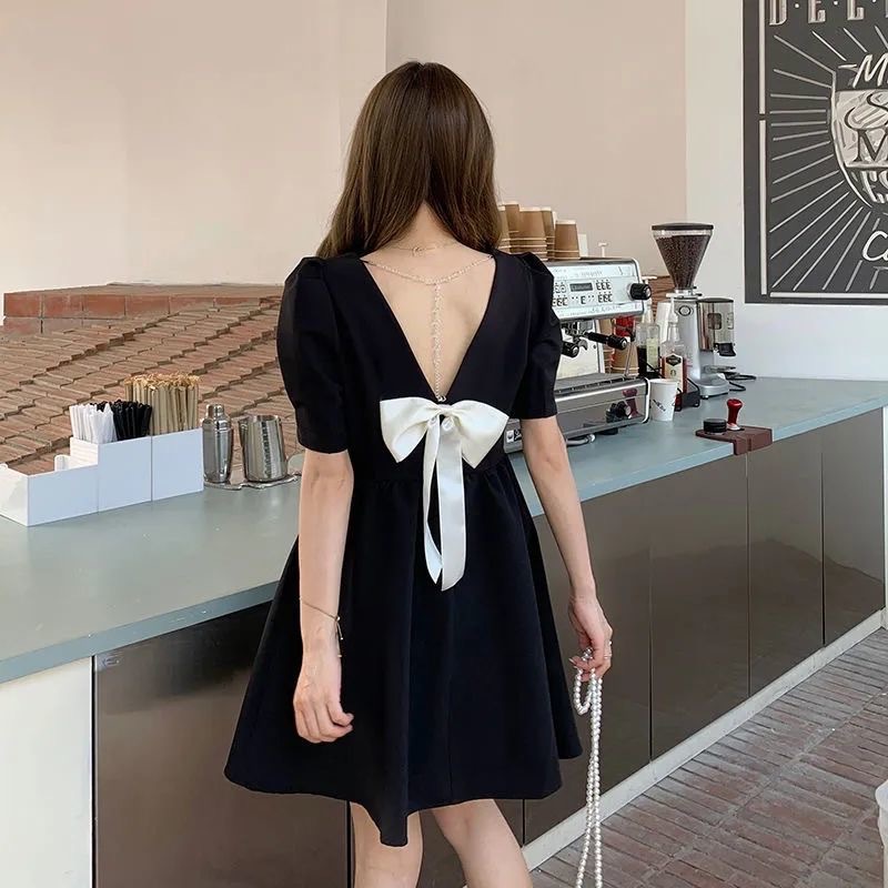 Picture of Korean style cross-border new French backless waist slimming design bow short sleeve high-end dress women's clothing