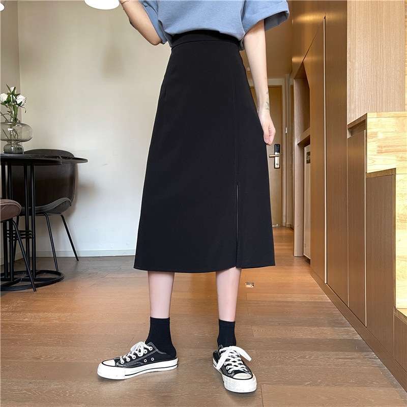 2023 New Summer Girl's One-Step Skirt Mid-Length All-Match High Waist Split Black A- Line Short Hip Skirt