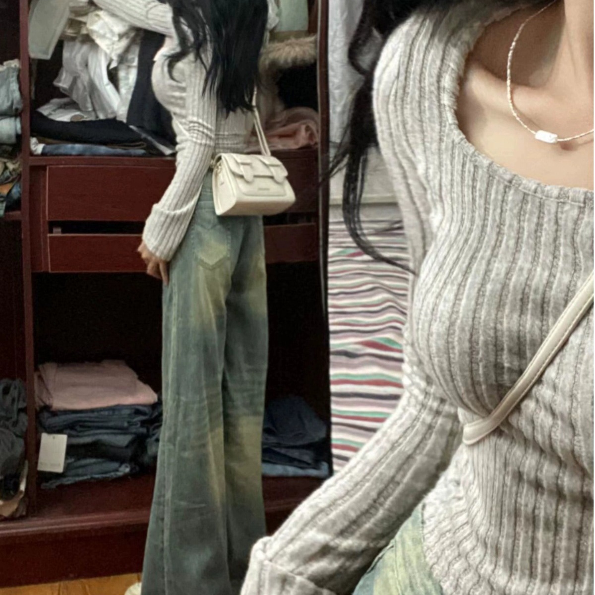 Square Collar Long Sleeve Sweater Women's Autumn and Winter 2023 New Trumpet Sleeve Slim-fit Slimming Inner Base Shirt Short Top