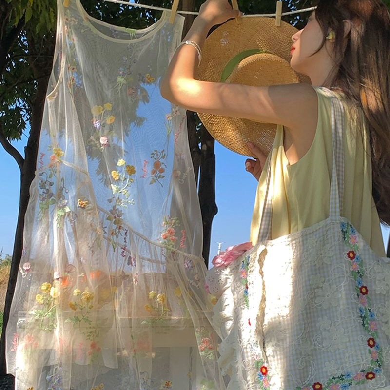 "Butterfly Spirit Flower" Mesh Embroidered Sleeveless dress Women's Summer Loose Overlapped Skirt