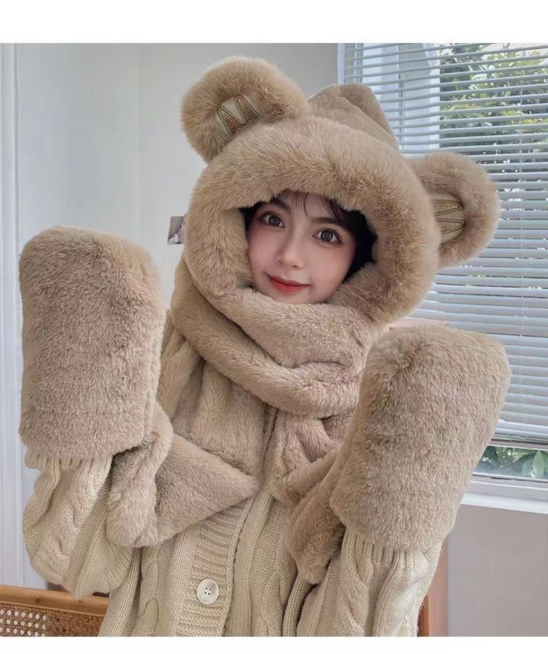 Picture of New Bear Hat Winter Hat Cute Warm Thickened Scarf Integrated Ear Protection Hat Three-Piece Set Cycling Cold Protection Hat