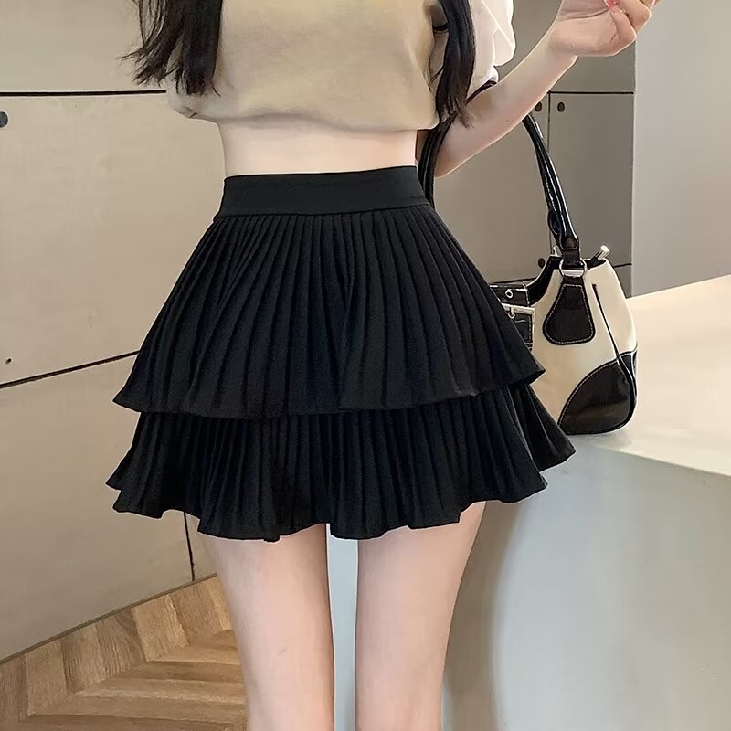 French White Puffy Cake Skirt Women's Summer 2024 New High Waist A- Line Pleated Skirt