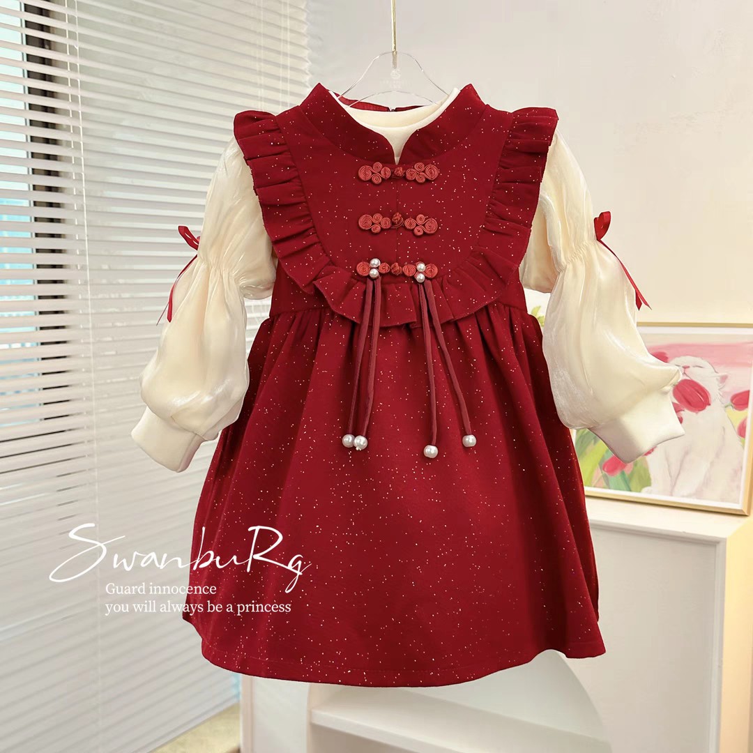 Picture of Female. Children's fleece-lined buckle dress 2024 autumn and winter new 1 childhood dress skirt female baby Korean princess skirt