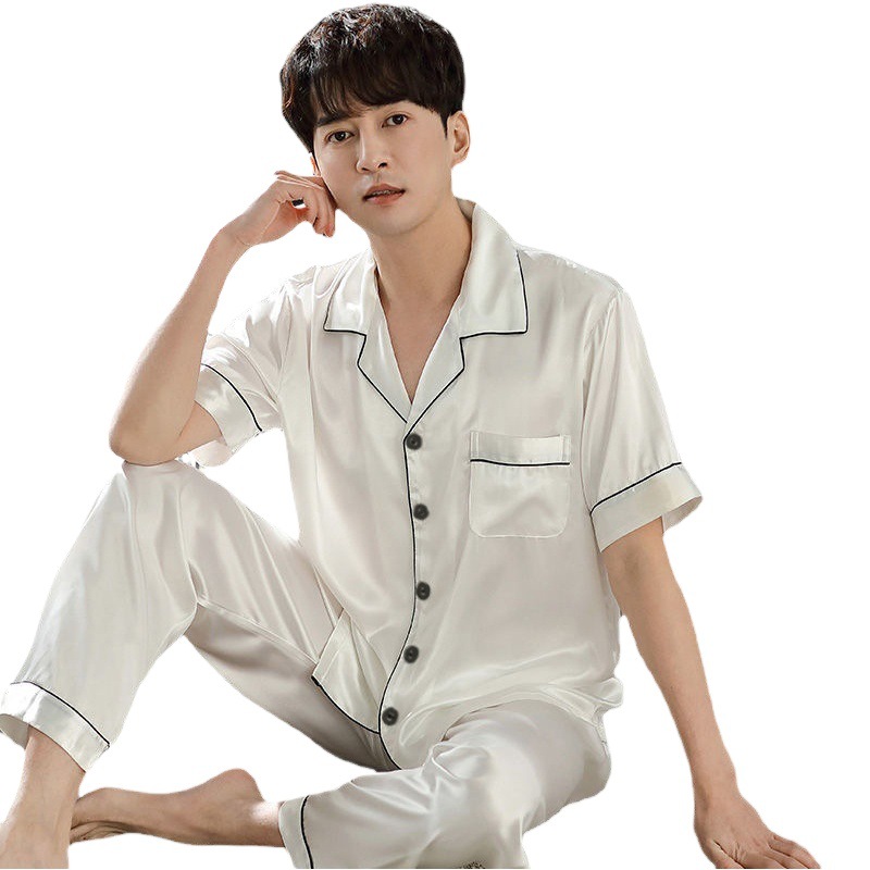 Imitation Silk Pajamas Men's Summer Short-sleeved Trousers Korean Style Men's Home Wear Trousers Spring Ice Silk Two Pieces