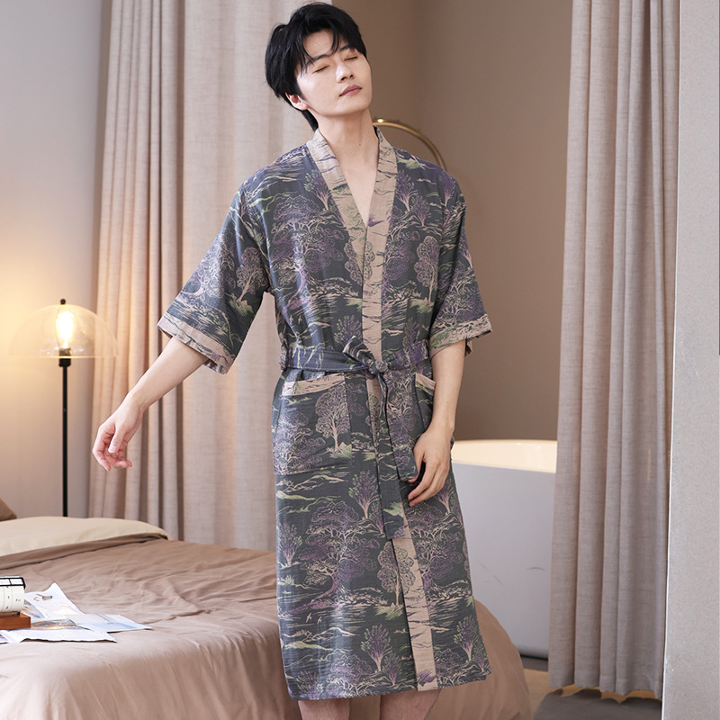 Picture of Class A Spring and Summer Thin Pajamas Pure Cotton Double Gauze Bathrobe Home Clothes Nightgown Couple's Water Absorbent Quick-drying Bathrobe
