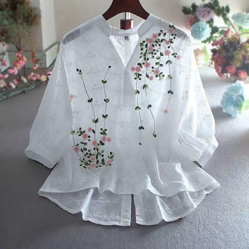 Picture of Fashion Literary Style Pastoral Style Embroidery Flower Lace Cotton Design Sense Front Short Back Long V-neck Shirt Women's Top for Summer