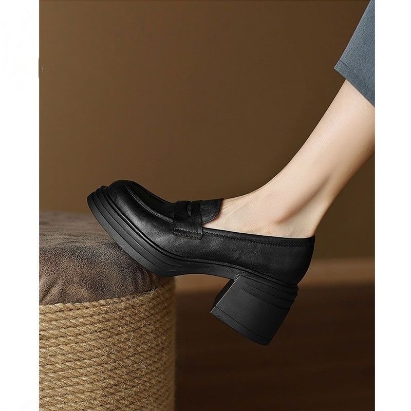 Mary Jane Platform Leather Shoes Women's Lightweight Soft Leather Small Thick Heel High Heels British Retro Leather Loafers