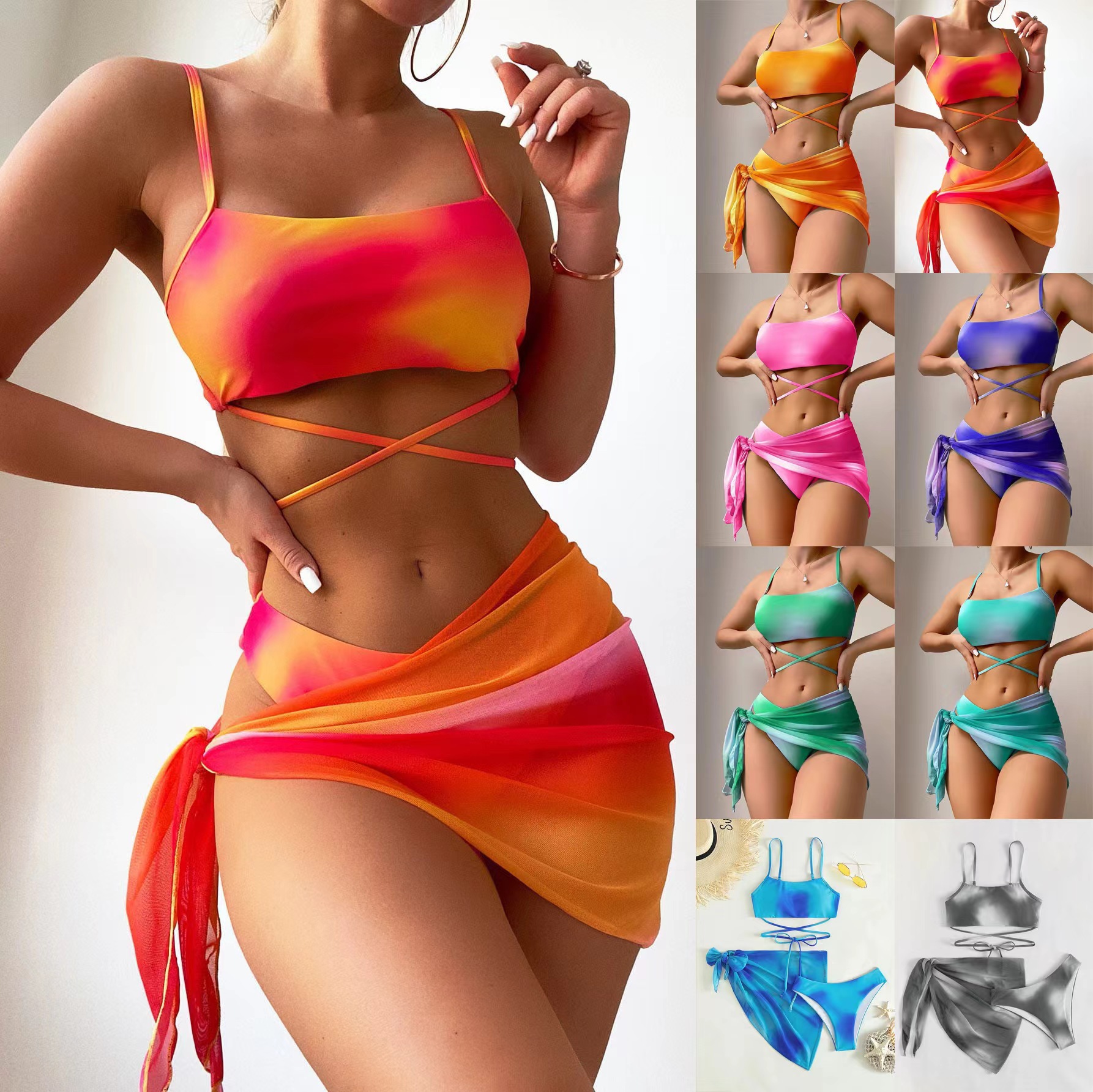 2025 European and American Cross-Border Tie-Dye Bikini Swimsuit Women's Three-Piece Mesh Skirt Split Bikini Amazon Swimsuit