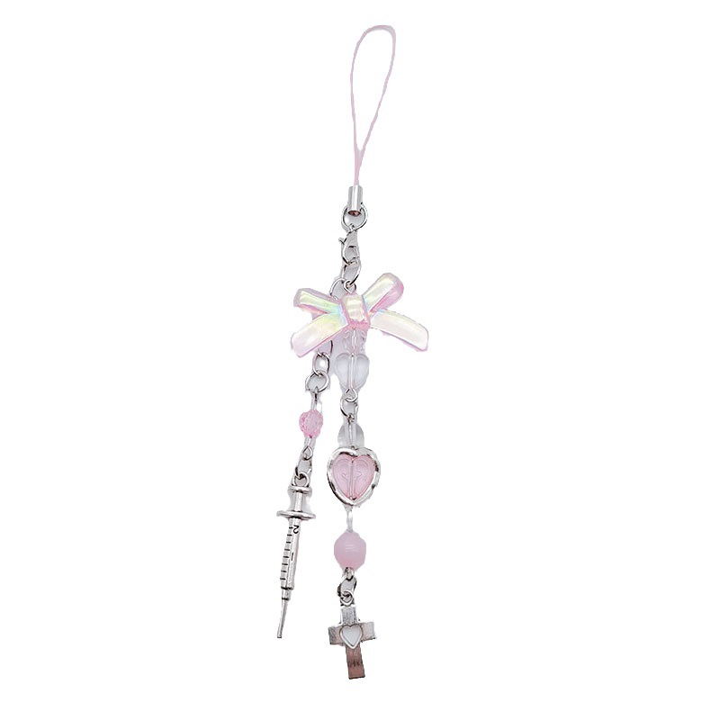Picture of Japanese and Korean Style ins Harajuku Beaded Gooben Chain Card Book Hanging Chain Pink Style Girl's Heart Bow Love Mobile Phone Chain
