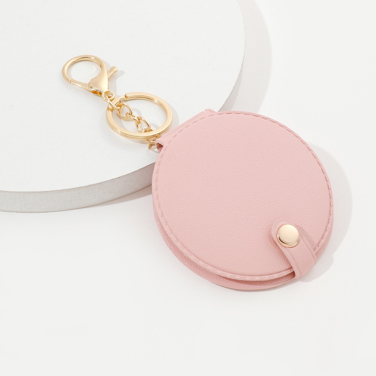 Picture of Creative round makeup mirror keychain pu leather car bag pendant carry-on solid color mini small mirror