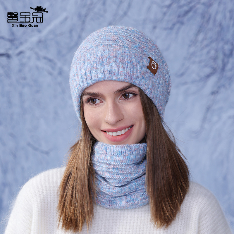 Picture of Winter two-color hat scarf two-piece outdoor cold-proof warm knitted wool hat fleece-lined ear protection cap for women