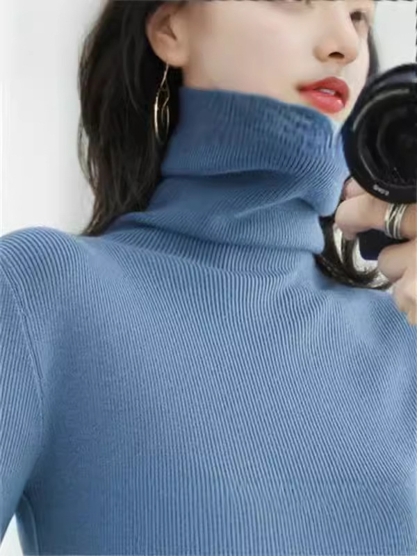 Women's High-Neck Sweater, Winter Pullover, Slimming, Outerwear, Inner Layer, Long-Sleeved, Slim-Fit Knit Base Shirt