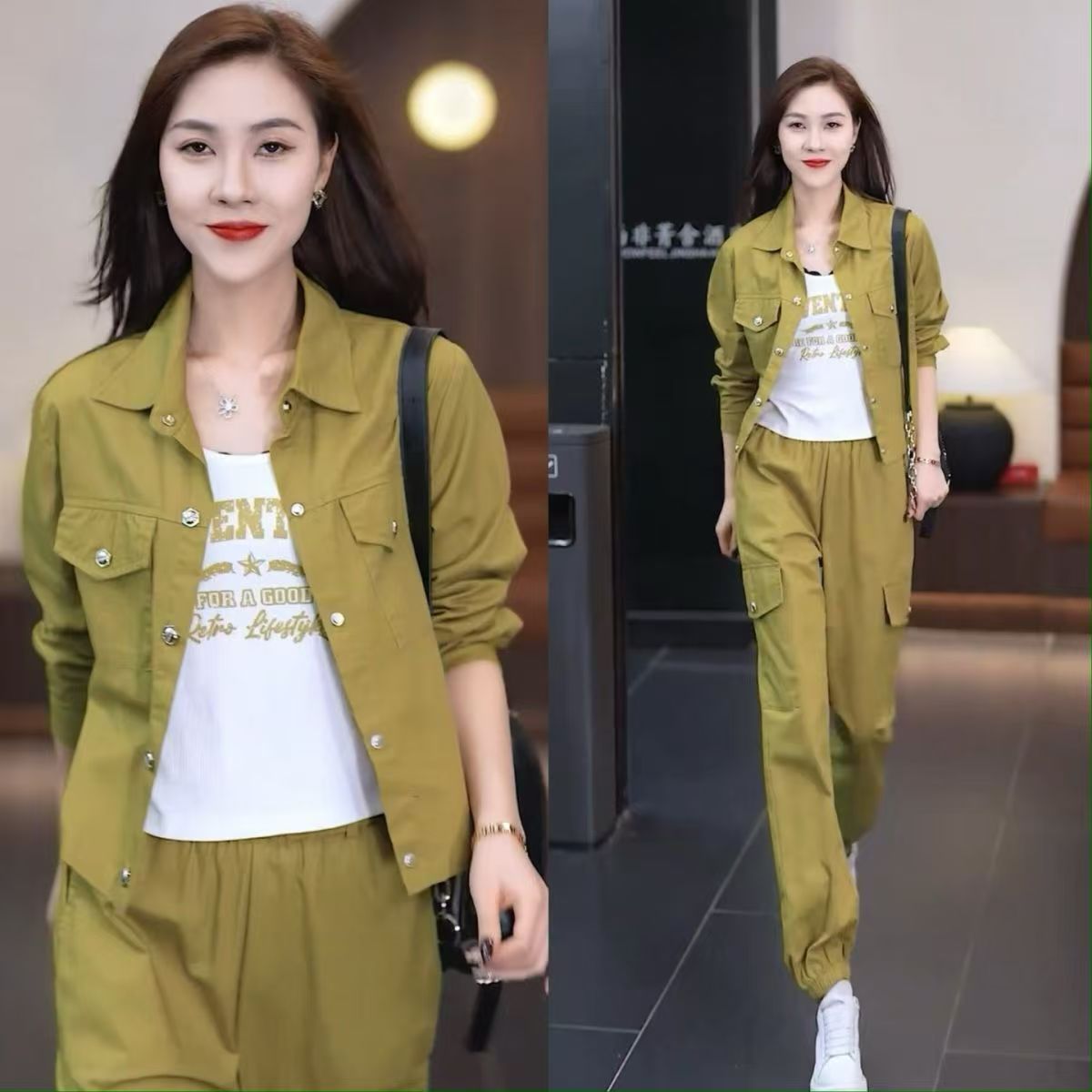 Handsome Tooling suit Women's Fashion Fried Street Professional Temperament Petite Fashion Age-reducing Spring and Autumn Two-piece Set Popular This Year