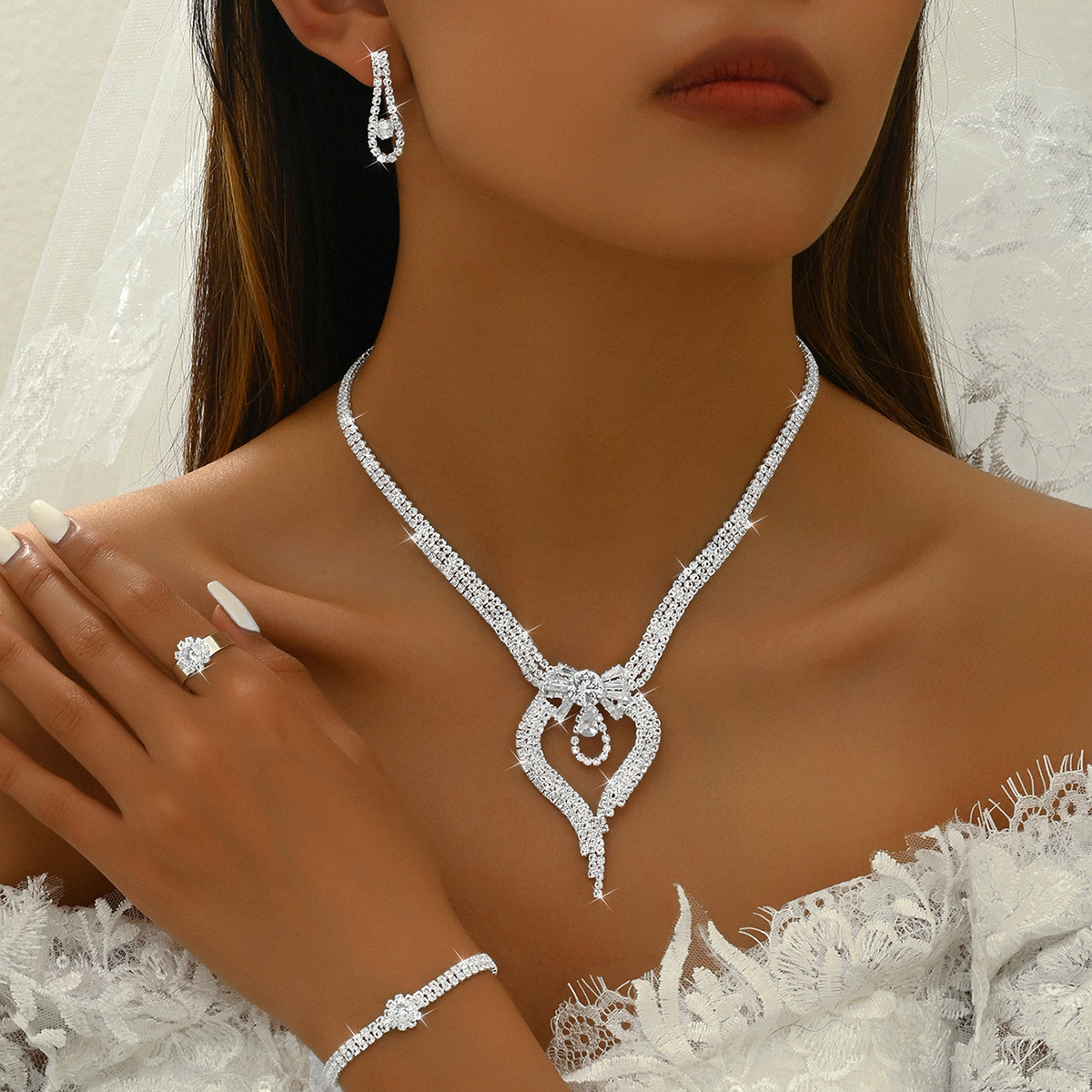 Jewelry Wholesale Cross Border Fashion Necklace Earrings Bracelet Ring Jewelry suit Bridal Jewelry Naked Diamond Necklace suit