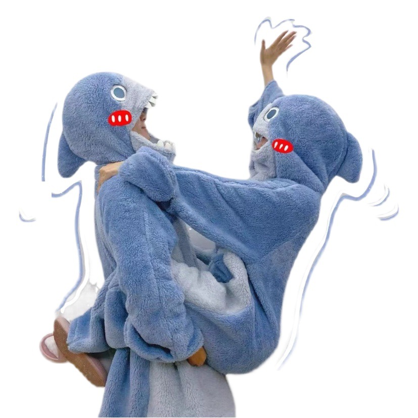 2025 Winter New Cute Shark Hooded Coral Velvet Pajamas Female Internet Celebrity Style Couple Warm Home Set