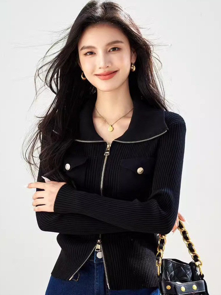 O3586 Autumn 2024 New Design Sense Pit Small Fragrant Style Slim Lapel Knitted Cardigan Sweater Coat Women