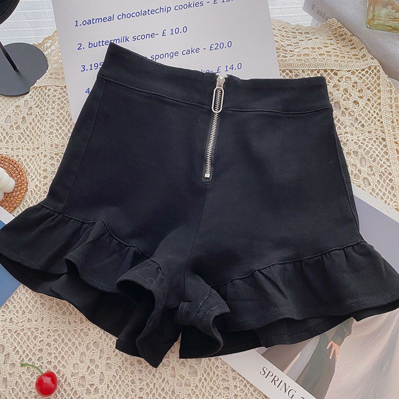 Ruffled Wide Leg Shorts Women's 2024 Summer New Niche Design Sense Slimming High Waist Black Casual Hot Pants
