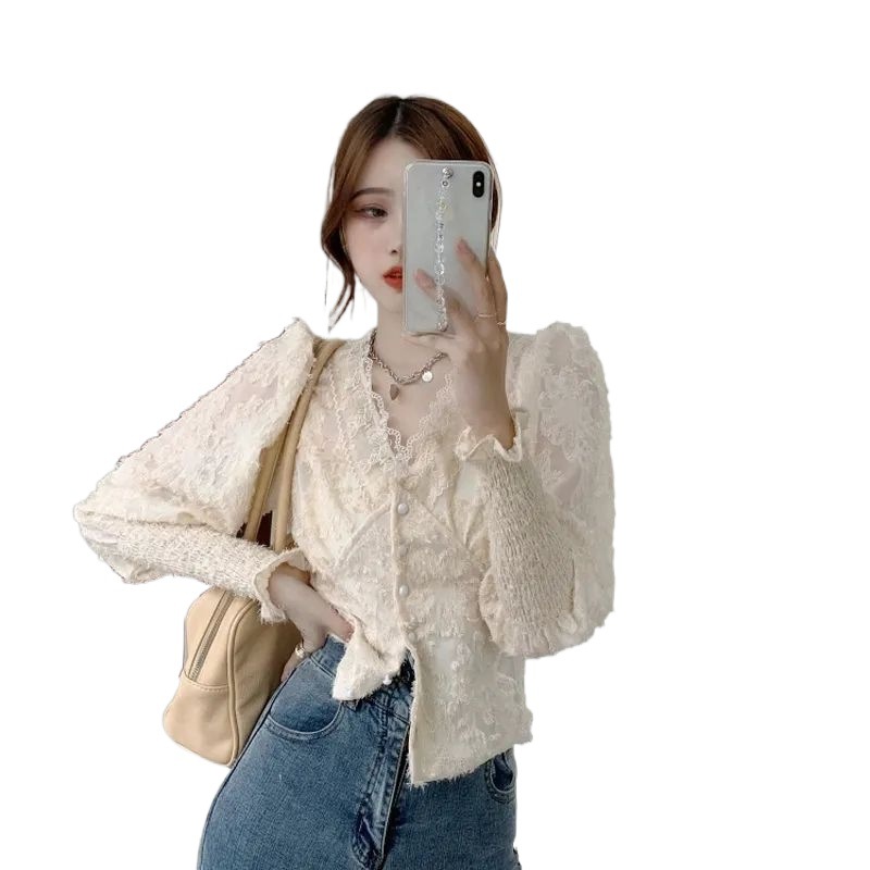 Picture of Design Sense Niche apricot Shirt Collar Inner fleece-lined Lace Base Shirt Short Celebrity Ladies Chanel Style Top Women